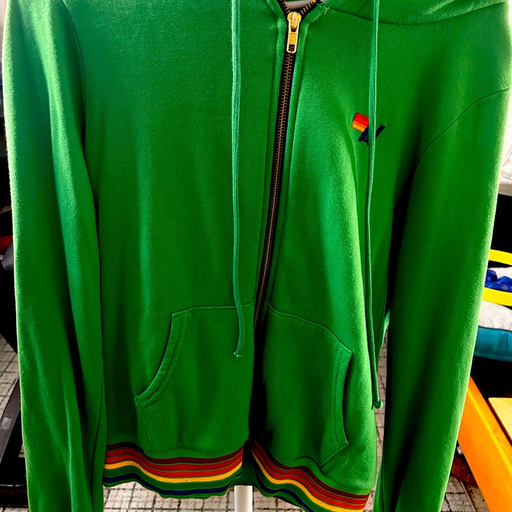 Aviator Nation Kelly Green Rainbow Ribbed Zip-up Hoodie Small